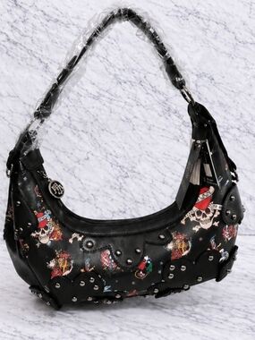 Ed Hardy Black Tattoo Shoulder Bag Studded Hobo Purse Skull Tiger Print NWT